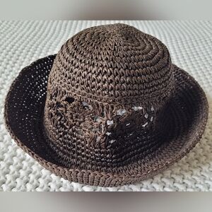 J. Crew Paper Crochet Bucket Hat w/ Floral Design, Brown
